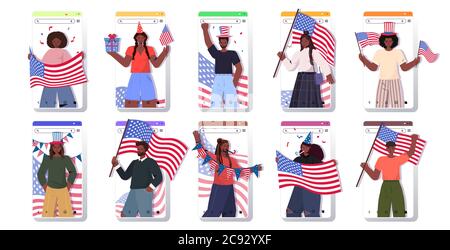 Set Menschen halten usa Flaggen mischen Rennen Männer Frauen feiern 4. Juli amerikanischen Unabhängigkeitstag Konzept Smartphone-Bildschirme Sammlung Porträt horizontal Vektor Illustration Stock Vektor