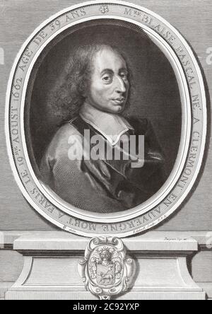 Blaise Pascal, 1623 - 1662. Französischer Mathematiker, Physiker, Erfinder, Schriftsteller und katholischer Theologe. Nach einem Druck des flämischen Kupferstechers und Verlegers Gerard Edelinck. Stockfoto