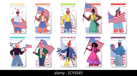 Set Menschen halten usa Flaggen mischen Rennen Männer Frauen feiern 4. Juli amerikanischen Unabhängigkeitstag Konzept Smartphone-Bildschirme Sammlung Porträt horizontal Vektor Illustration Stock Vektor