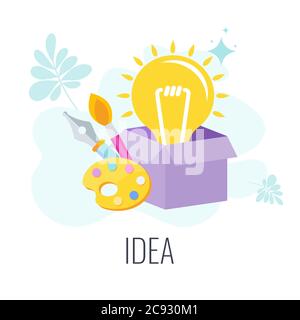 Lampe springt aus dem Karton. Trendiger flacher Vektor-Style. Stock Vektor