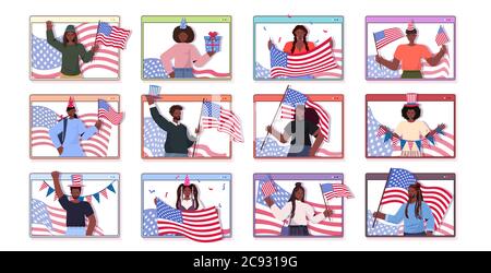 Set Menschen halten usa Fahnen mischen Rennen Männer Frauen feiern 4. Juli american Independence day Konzept Web-Browser Fenster Sammlung Porträt horizontal Vektor Illustration Stock Vektor