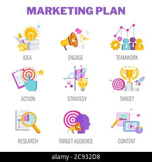 Symbole für Marketingpläne. Infografik für Marketing-Mix: Flache Vektorgrafik. Stock Vektor