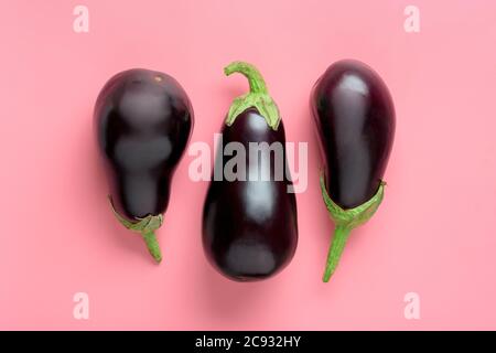 Frisch und roh lila Aubergine isoliert auf rosa Hintergrund Rezepte von Auberginen Flat Lay Draufsicht Mock Up Rustikalen Stil Kreatives Konzept Stockfoto