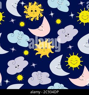 Nahtloses Muster. Niedliche gelbe Sonne, Mond und Wolken auf einem lila Hintergrund mit geschlossenen und offenen Augen. Vektor. Design, Dekor, Verpackung, Druck Stock Vektor
