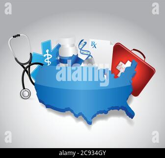 Medizinische Symbole um ein US-Kartenbild auf weißem Hintergrund Stock Vektor