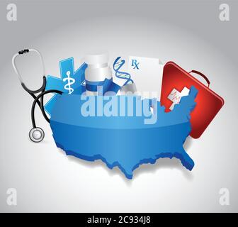 Medizinische Symbole um ein US-Kartenbild auf weißem Hintergrund Stock Vektor