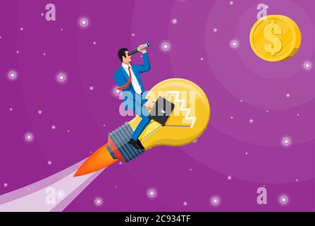 Geschäftsmann fliegen auf große Idee Glühbirne gebildet Rakete. Geschäftsmann auf Lampe, der durch Spyglass schaut. Große Idee, Erfolg, Leistung, Business Vision Karriereziel. Flache Vektorgrafik Stock Vektor