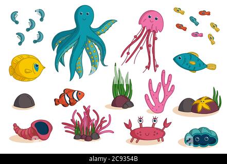 Set von tropischen Meeresarten: octopus, Butterflyfish, Clownfisch, Korallen, Muscheln, etc. Elemente für Kinder Kleidung und Artikel Design. Vektorgrafik Stock Vektor