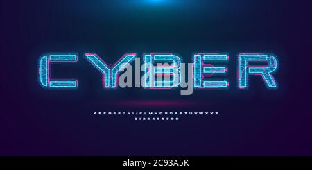 Futuristische Cyberpunk Hologramm Schrift. Modernes englisches Alphabet mit blauem hud Neon-Effekt und pinker Leiterplatte. Gut für Design Promo elektronische Stock Vektor