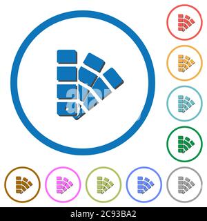 Farbfeld flache Farbvektorsymbole mit Schatten in runden Umrissen auf weißem Hintergrund Stock Vektor