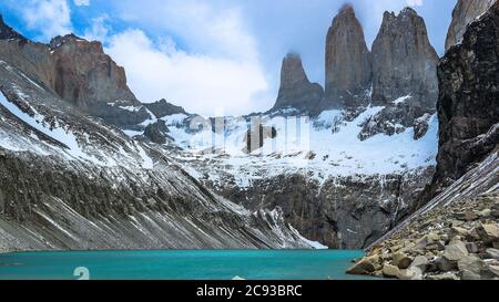 Torres del paine vom mirador las torres Stockfoto