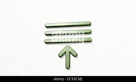 UPLOAD-MENÜ von 3D-Illustration einer glänzenden Metallic-Skulptur an einer Wand mit hellem Hintergrund gemacht. Icon und Download Stockfoto