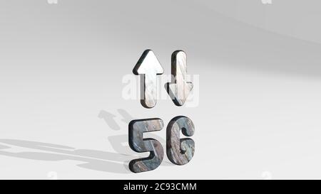 Mobilfunknetz 5g gemacht durch 3D-Illustration einer glänzenden Metallskulptur wirft Schatten auf hellen Hintergrund. Telefon und Handy Stockfoto