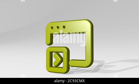 Monitor-Code-Sendeständer mit Schatten. 3D-Illustration von metallischen Skulptur auf einem weißen Hintergrund mit milder Textur. Computer und Business Stockfoto