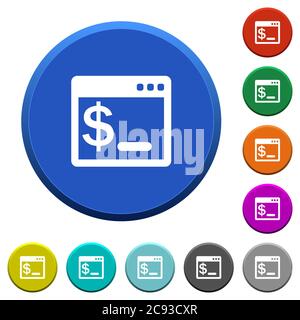 OS-Befehlsterminal mit runden, abgeschrägten, farbigen Tasten mit glatten Oberflächen und flachen weißen Symbolen Stock Vektor