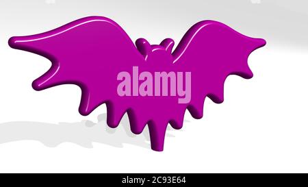 FLEDERMAUS aus einer Perspektive mit dem Schatten. Eine dicke Skulptur aus metallischen Materialien von 3D-Rendering. Illustration und halloween Stockfoto