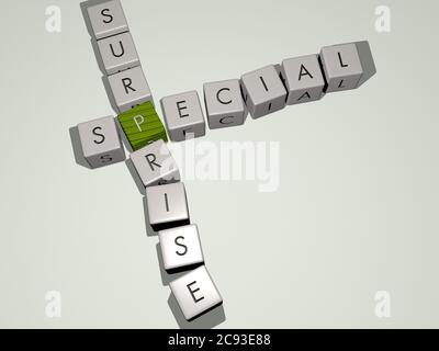 Besondere Überraschung kombiniert mit Würfelbuchstaben und Farbüberkreuzung für die damit verbundenen Bedeutungen des Konzepts. Illustration und Hintergrund. 3D-Illustration Stockfoto