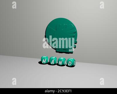 3D-Grafik-Bild der Hand vertikal zusammen mit Text von metallischen kubischen Buchstaben aus der oberen Perspektive gebaut, ausgezeichnet für das Konzept Präsentation und Diashows. Illustration und Hintergrund Stockfoto