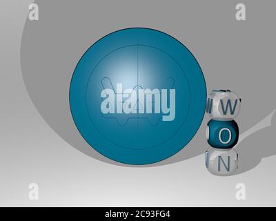 3D-Grafik-Bild von won vertikal zusammen mit Text um das Symbol von metallischen kubischen Buchstaben aus der oberen Perspektive gebaut. Ausgezeichnet für das Konzept Präsentation und Diashows. Editorial und Stockfoto