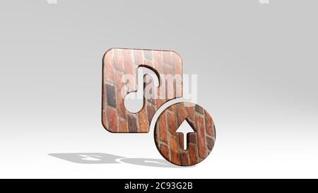 playlist Upload Casting Schatten mit zwei Lichtern. 3D-Illustration von metallischen Skulptur auf weißem Hintergrund mit milder Textur. Musik und Ikone Stockfoto
