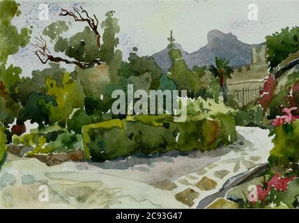 Die Aquarelllandschaft des Woronzowski Parks in Alupka, Krim Stockfoto