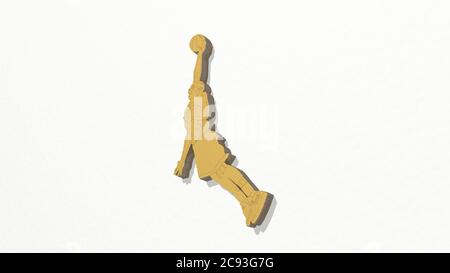 Basketballspieler an der Wand. 3D-Illustration von Metallic-Skulptur auf einem weißen Hintergrund mit milder Textur. Wettbewerb und Sport Stockfoto