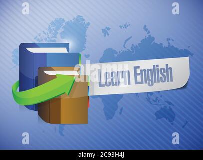 Englisch lernen Buchzeichenillustration Design über einer Weltkarte Stock Vektor