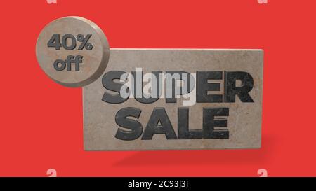 40% Rabatt Super Sale 3d Rendering Verwendung für Landing Page, Vorlage, ui, Website, Poster, Banner, Flyer, Hintergrund, Geschenkkarte, Gutschein, Label, Tapete, Verkauf Stockfoto