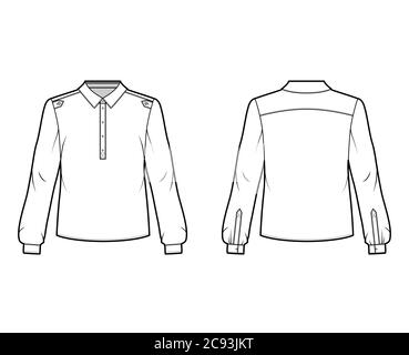 Henley Shirt technische Mode Illustration mit Knopfleiste, Schulterklappen, klassischer Military-Stil, lange Ärmel. Flatbluse Bekleidung Vorlage vorne zurück weiß Farbe. Damen, Herren Unisex-Shirt Stock Vektor