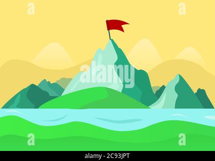 Schöne Sommer Berglandschaft. Das Flusstal fließt entlang der Berge. Berggipfel mit roter Flagge. Vektorgrafik. Das Konzept von su Stock Vektor