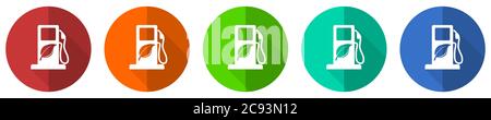 Biokraftstoff Icon Set, rot, blau, grün und orange flaches Design Web-Tasten isoliert auf weißem Hintergrund, Vektor-Illustration Stock Vektor