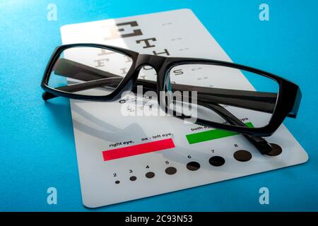 Augenuntersuchung, gesunde Augen und ophthalmologisches Konzept mit einem Paar Sehbrillen und einer auf blauem Hintergrund isolierten Augenkarte Stockfoto