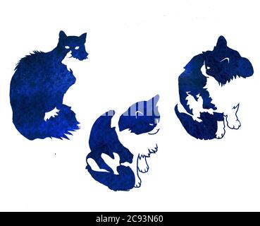 Drei schwarz blaue Katze aus Aquarell-Textur auf weißem Hintergrund ausgeschnitten Stockfoto