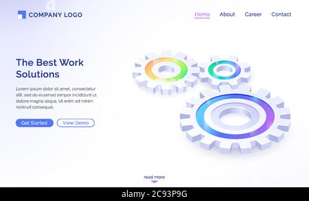 Die besten Arbeitslösungen isometrische Landing Page, Motorräder, Zahnräder Mechanismus Arbeitsprozess, Teamarbeit Zusammenarbeit, Unternehmensstrategie oder innovative Idee Entwicklung Konzept, 3d-Vektor-Web-Banner Stock Vektor