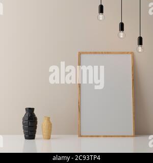 Blank vertikalen Posterrahmen Mock up stehen auf beigefarbenem Boden. Ein Holzrahmen im skandinavischen Interieur isoliert. 3d-Rendering Stockfoto