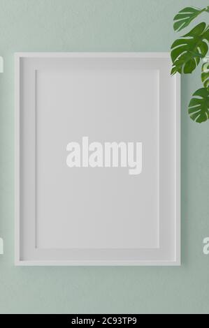 Vertikaler Holzrahmen-Modell auf grünem Wandhintergrund mit Pflanzen, 3d-Illustration Stockfoto