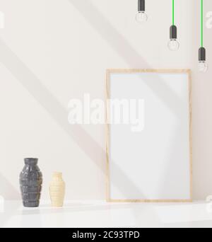 Blank vertikaler Posterrahmen mock up stehend auf beige Wand. Ein Holzrahmen im skandinavischen Interieur isoliert. 3d-Rendering Stockfoto