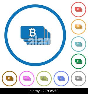 Bitcoin-Banknoten flache Farbvektorikone mit Schatten in runden Umrissen auf weißem Hintergrund Stock Vektor