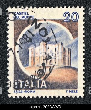 Briefmarke. Castel del Monte, Apulien, Italien, 1981 Stockfoto