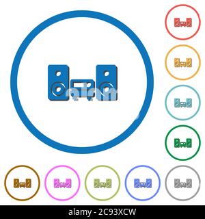 Flache Farbvektorsymbole für Stereosysteme mit Schatten in runden Umrissen auf weißem Hintergrund Stock Vektor