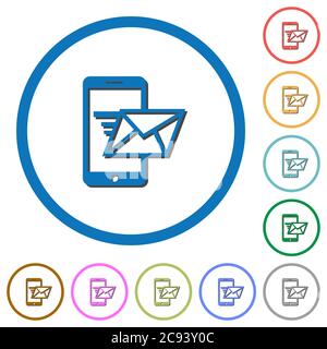 Senden von E-Mails von Mobiltelefonen flache Farbvektorsymbole mit Schatten in runden Umrissen auf weißem Hintergrund Stock Vektor