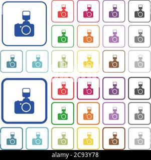 Kamera mit flacher Blitzfarbe in abgerundeten quadratischen Rahmen. Dünne und dicke Versionen enthalten. Stock Vektor