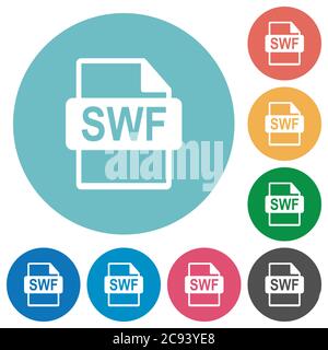 SWF-Dateiformat flache weiße Symbole auf runden farbigen Hintergründen Stock Vektor