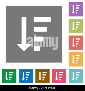 Absteigende sortierte Listenmodus flache Symbole auf einfachen farbigen quadratischen Hintergründen Stock Vektor