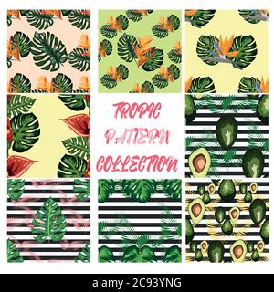 Nahtlose Muster von tropischen Blumen grünen Blätter von Palmen und Blumen Vogel von paradis, Hibiskus, Avocado, Monstera. Stock Vektor