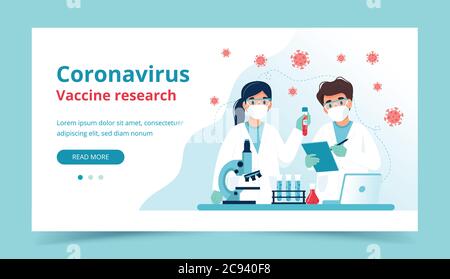 Impfstoffforschung, Wissenschaftler, die Experimente im Labor. Vorlage für Landing Page. Vektorgrafik in flacher Form Stock Vektor