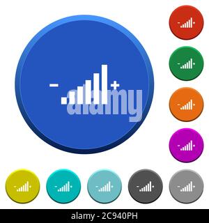 Bedienelemente mit runden, abgeschrägten Farbknöpfen mit glatten Oberflächen und flachen weißen Symbolen Stock Vektor