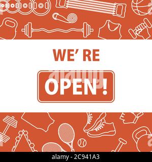 Vektor-Illustration Wiedereröffnung von Fitness-Center, Sportvereine nach Coronavirus Quarantäne. Neue normale. COVID kostenlos. Sign Wir sind offen. Starten Sie das Geschäft neu Stock Vektor
