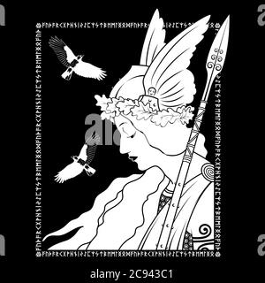 Valkyrie und zwei Raben, Illustration zur skandinavischen Mythologie, gezeichnet im Jugendstil Stock Vektor