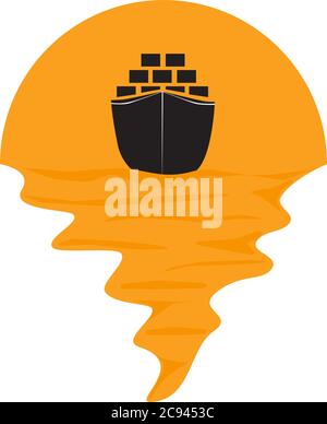 Vektor von Frachtschiff Container auf See und Sonnenuntergang im Hintergrund. Güterverkehr Unternehmen Silhouette Logo Illustration Design Stock Vektor